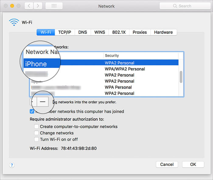 Choose Network you want to forget and then click minus to remove on Mac