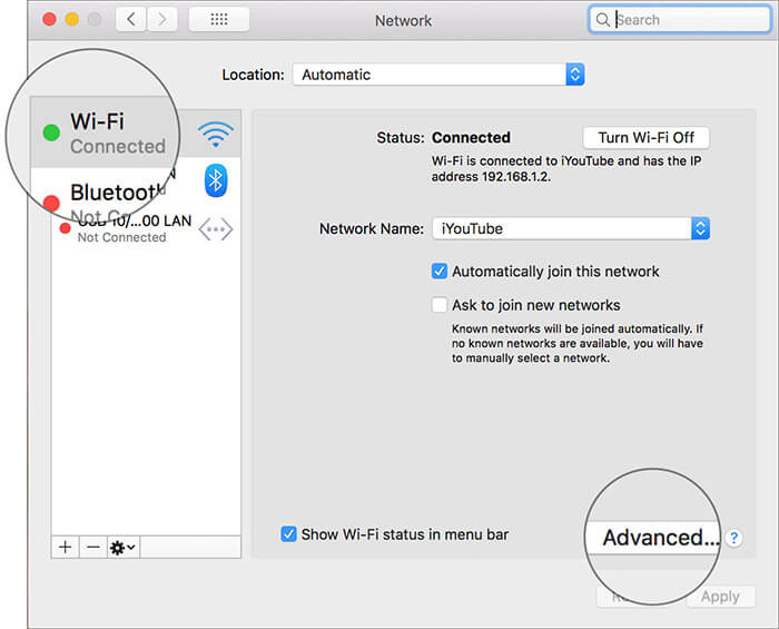 Choose Wi-Fi and click Advanced in Mac Network