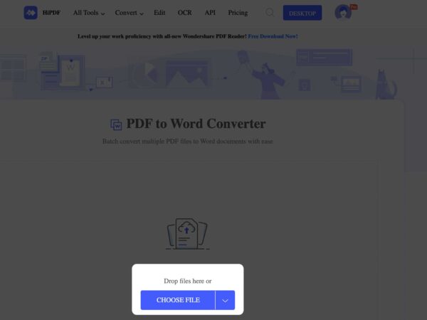 Click Choose File to upload the PDF from the HiPDF
