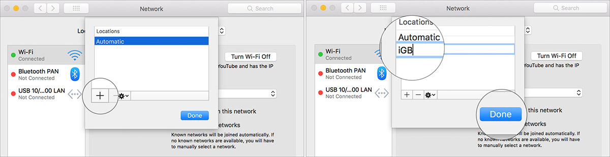 Click Plus icon and Create New Location in Mac Network Settings