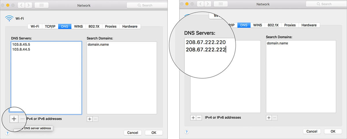 Click Plus sign and Change the DNS IP in Mac Network Settings