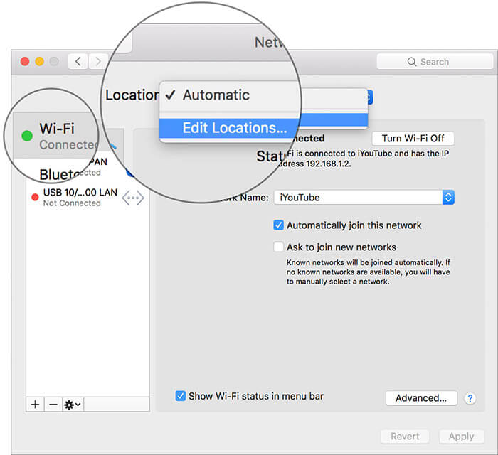 Click WiFi and select Edit Locations in Mac Network Settings
