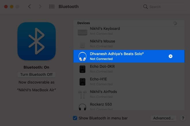 Click the 'X' next to the bluetooth device name on Mac
