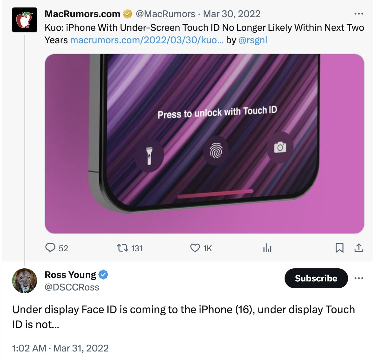Ross Young comment on MacRumors on Twitter