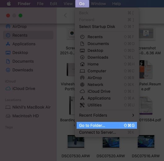 Select Go to Folder from Mac's finder Menu