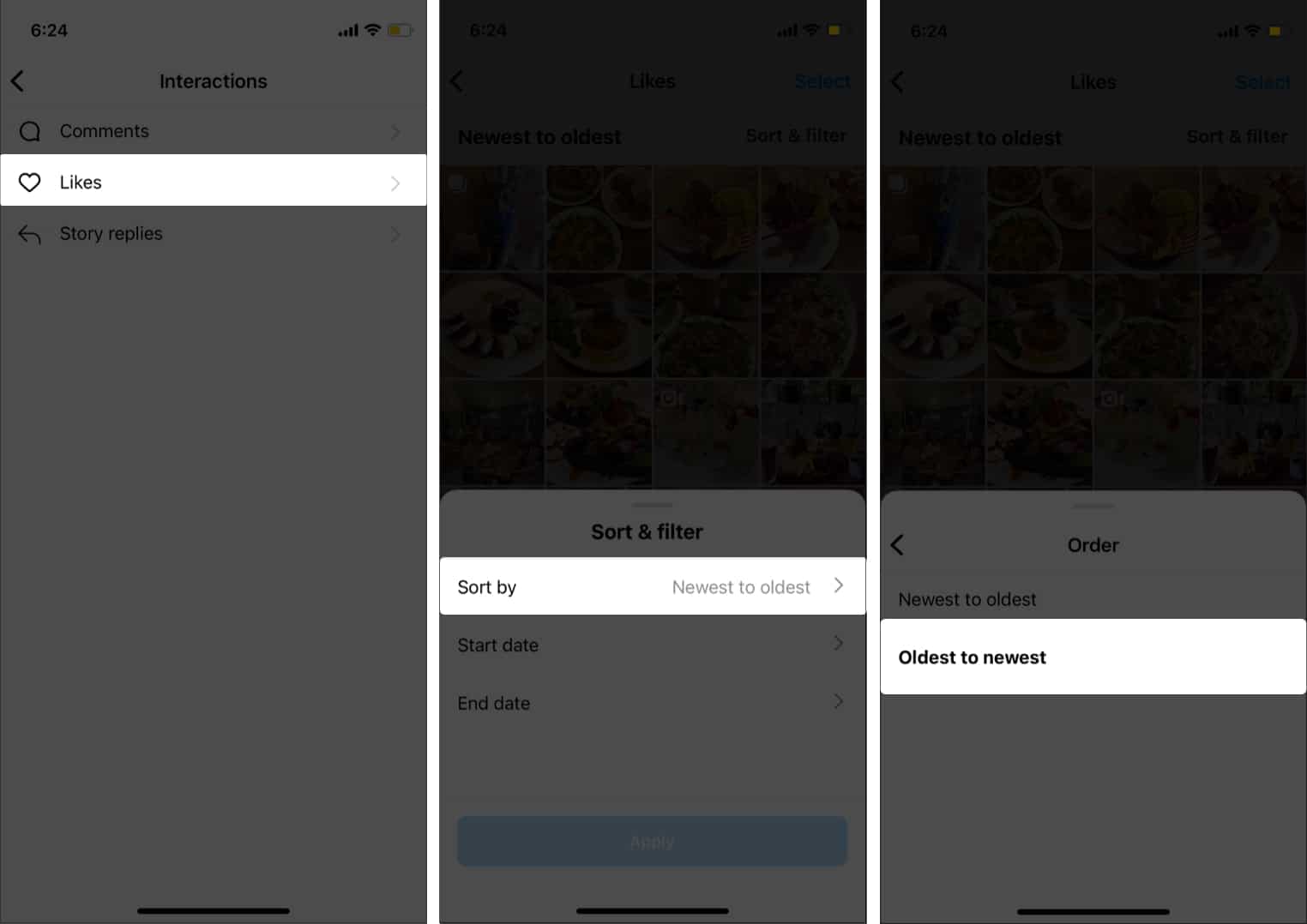 Select Oldest to newest from Instagram Settings
