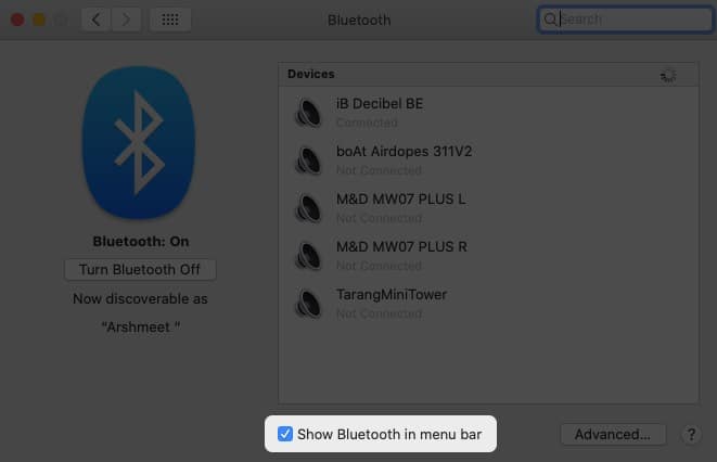 Show Bluetooth in menu bar in macOS Catalina