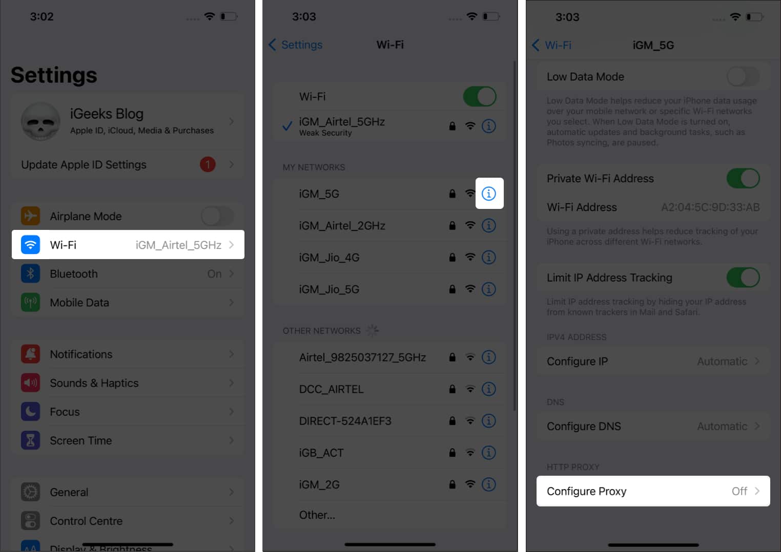 Tap Configure Proxy from WiFi settings on iPhone