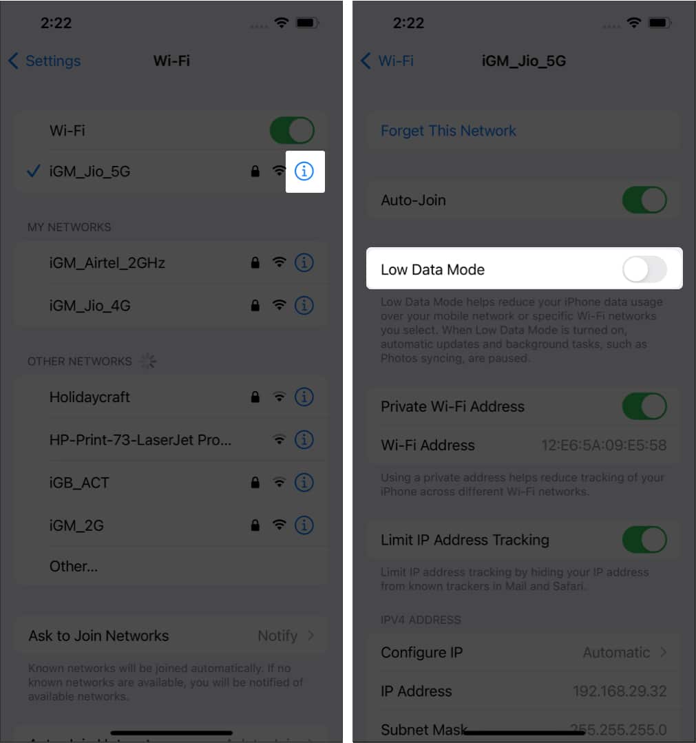 Turn off Low Data Mode for WiFi on iPhone