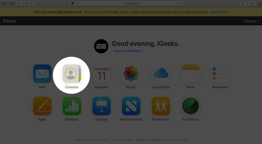click on contacts in icloud