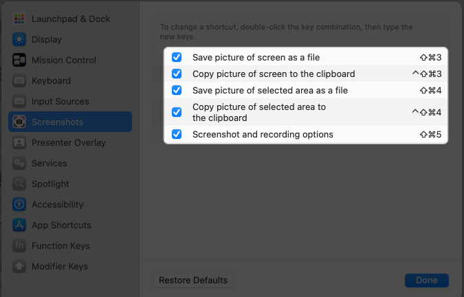 enable all screenshot shortcuts in keyboard settings