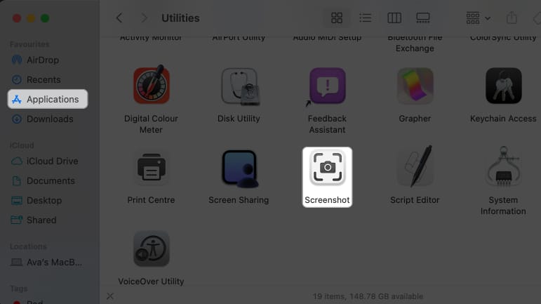 go to application, utilities, and select screenshot in finder