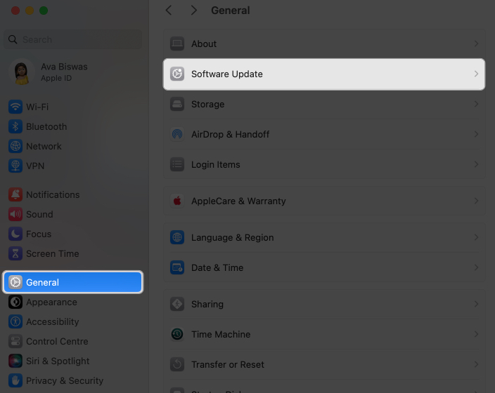 go to general, software update in mac settings
