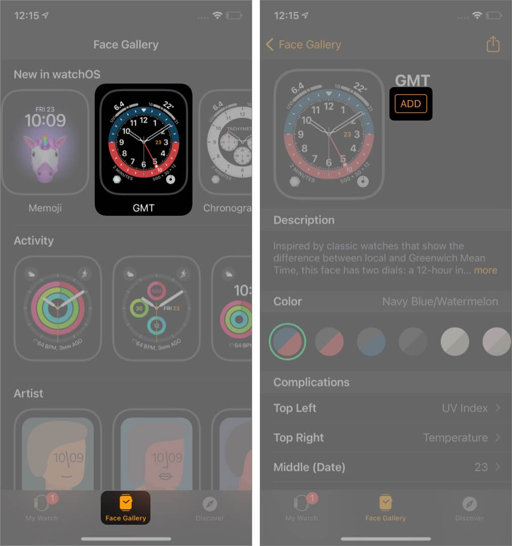Open iOS Watch App tap on Face Gallery and Add GMT Watch Face