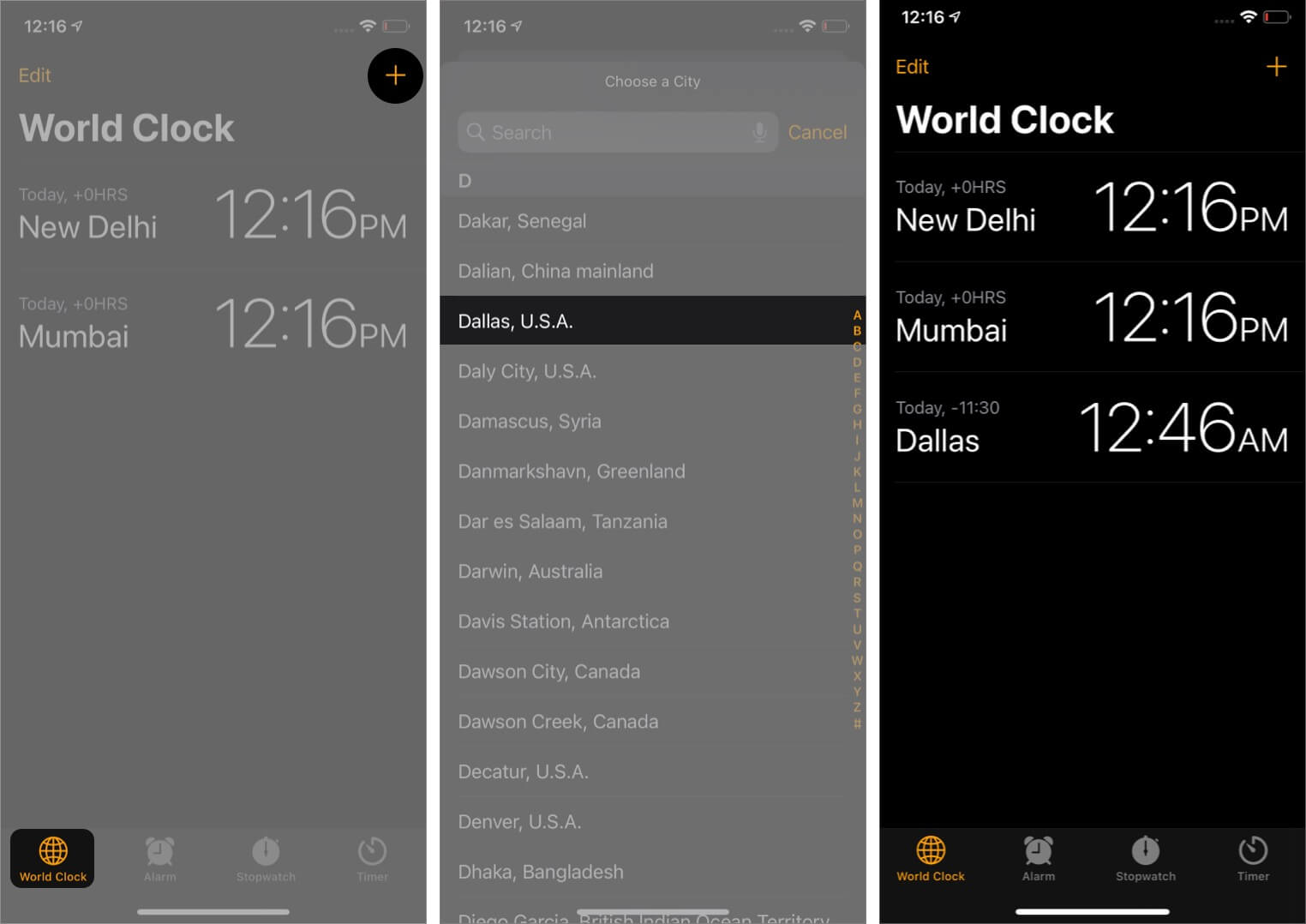 Open iPhone Clock App and Add Desired City to World Clock