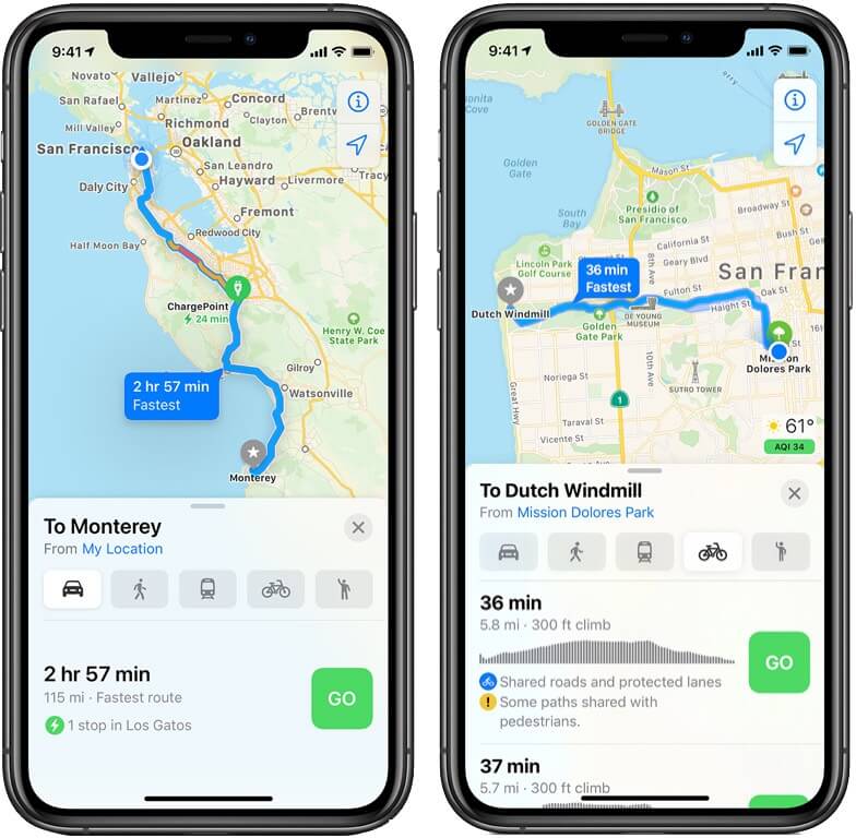 tap on bicycle icon and then tap on go to use cycling directions in apple maps