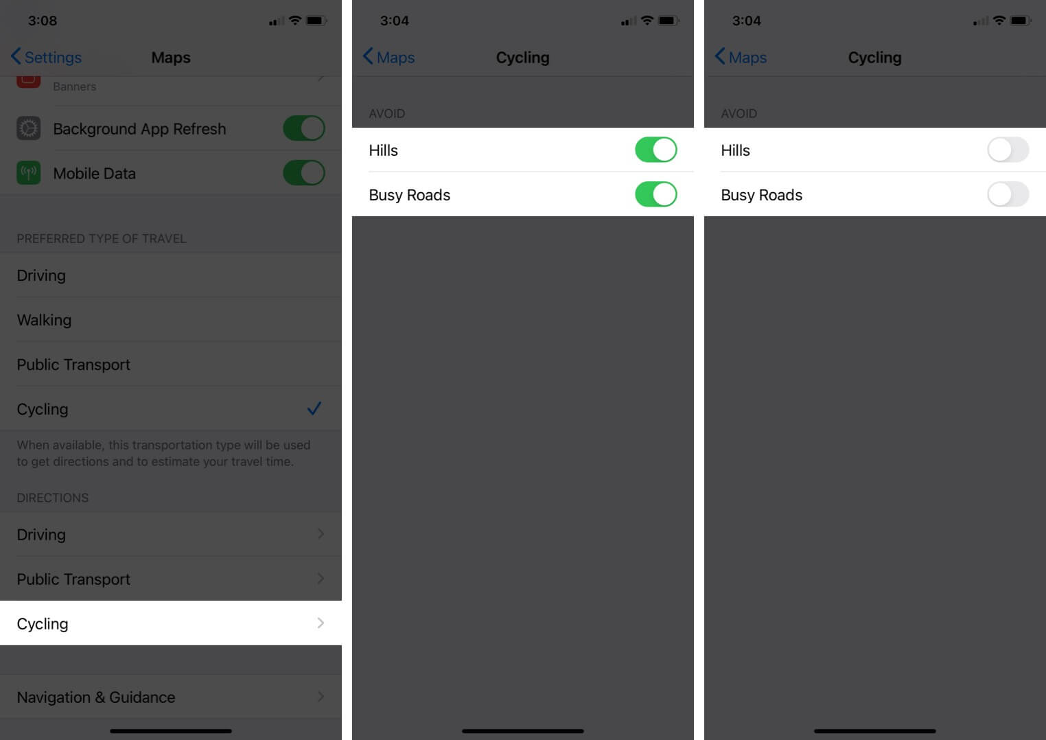 turn off toggles to avoid hills and busy roads for cycling directions in apple maps on iphone