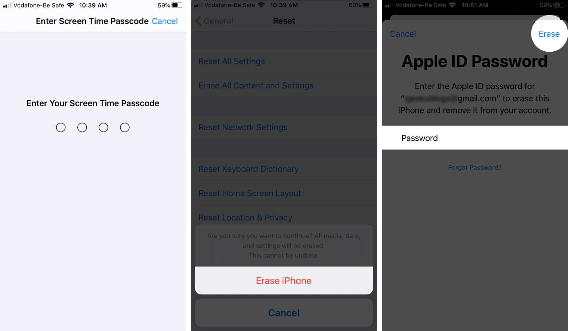 use screen time passcode tap on erase iphone and enter apple id password and tap on erase
