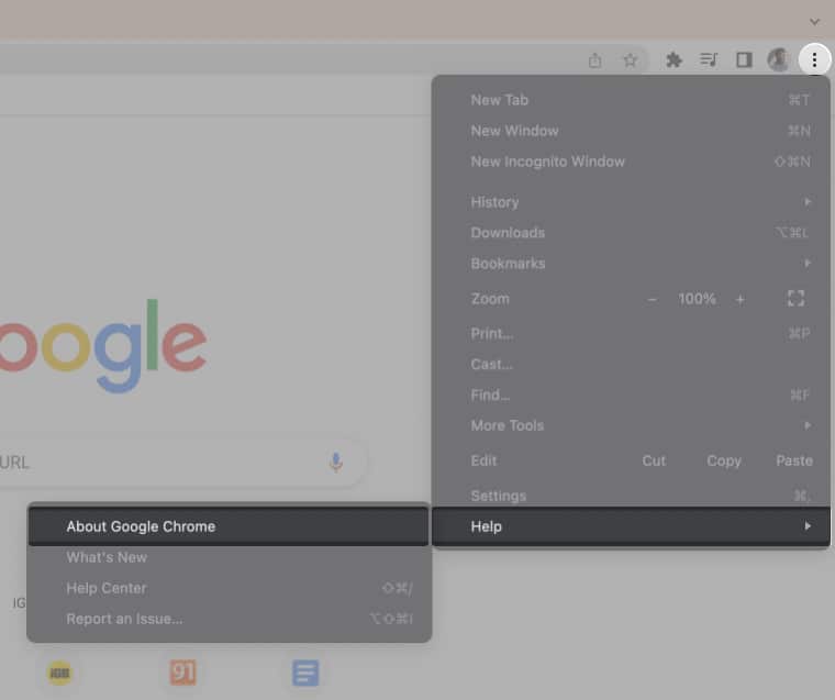 Нажмите О Google Chrome на Mac.