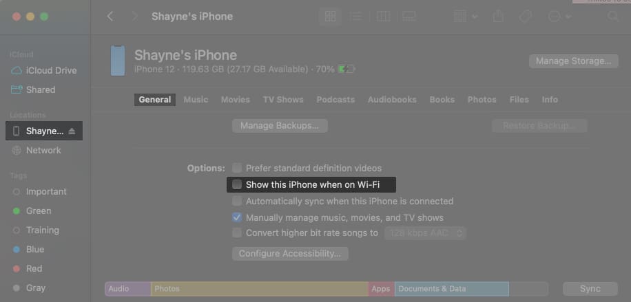 Отключить iPhone от Finder на Mac