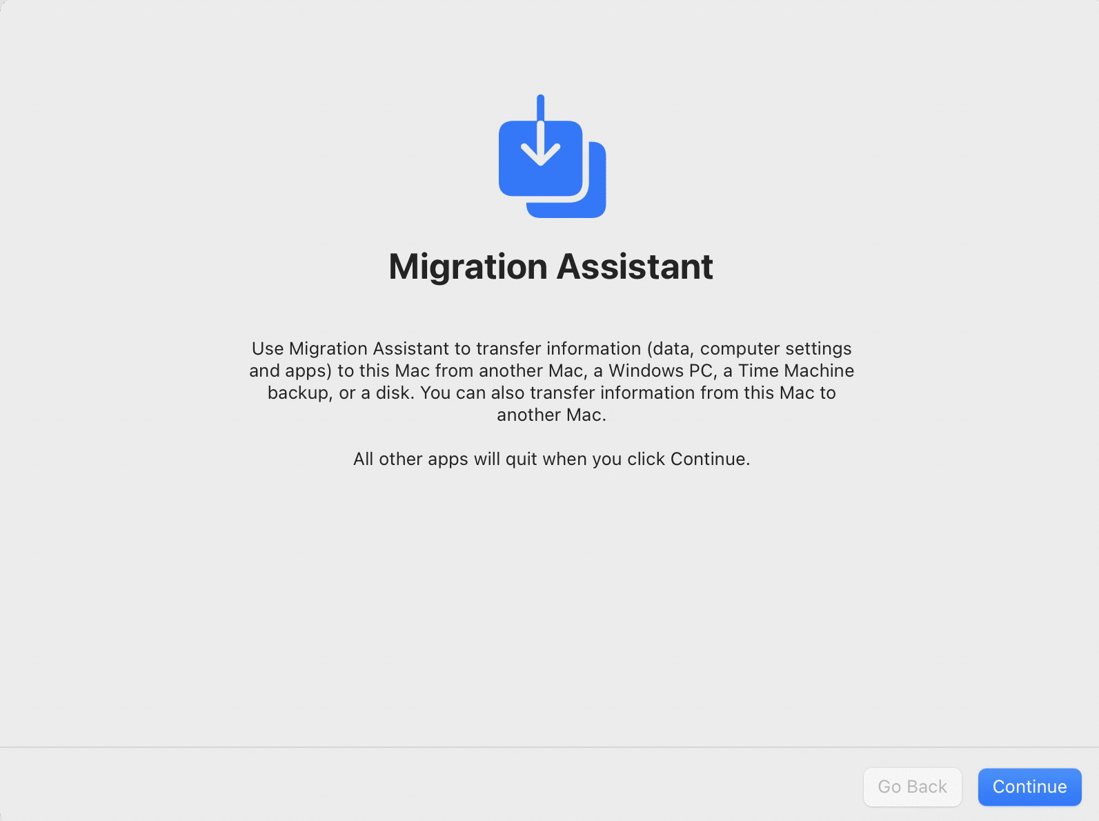 Migration Assistant on the new Mac