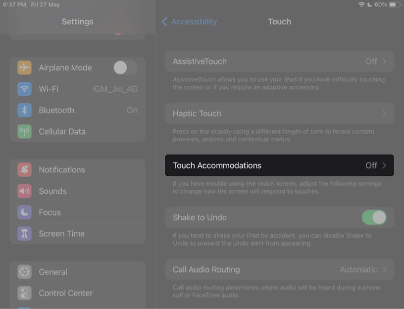 Tap Touch Accommodations on iPad