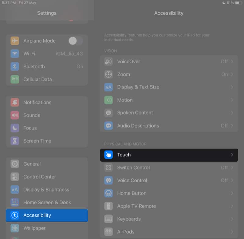 Tap Touch from iPad Settings