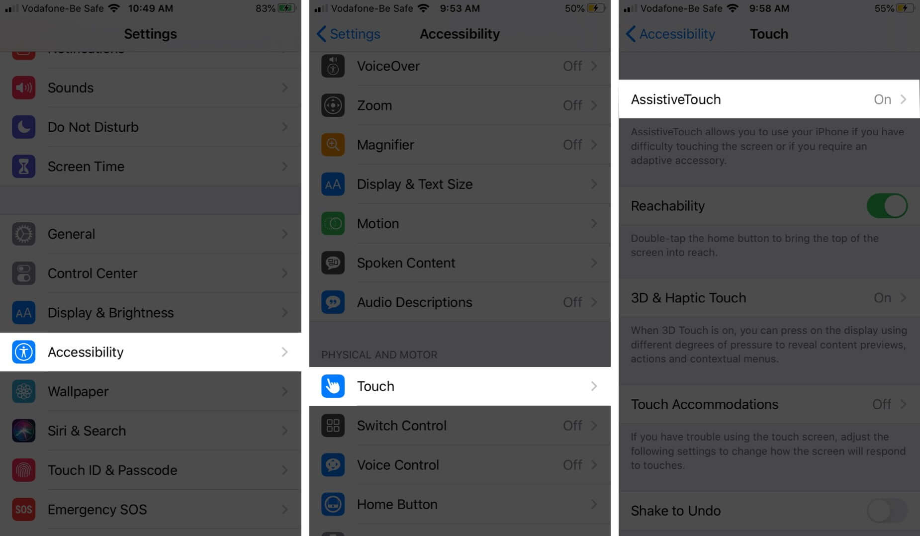 Tap on Accessibility Touch and AssistiveTouch on iPhone