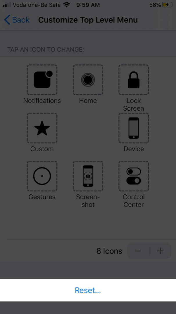 Tap on Reset to Return to Default Top Level Menu in AssistiveTouch on iPhone