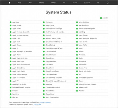 Apple Supports System Status page