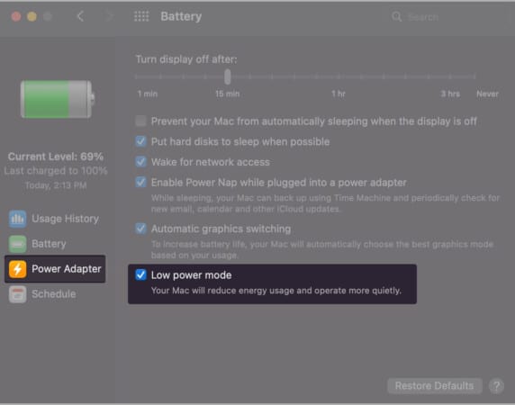 Enable Low Power mode while Mac is plugged into power source