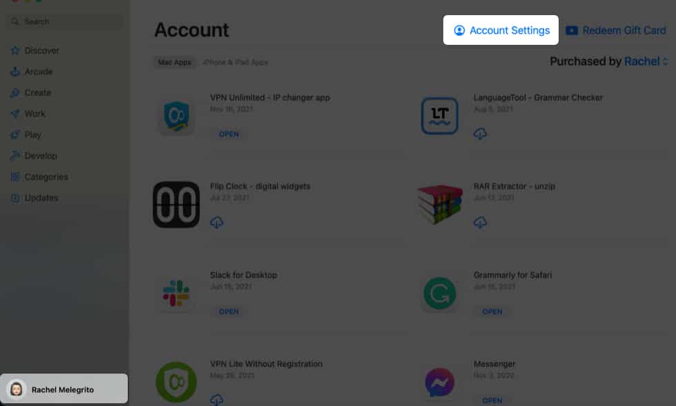 Select Account Settings from a Mac App Store