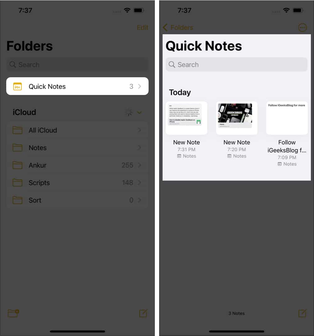 access quick notes on iPhone