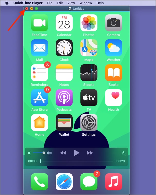 Click red close button to save screen recording