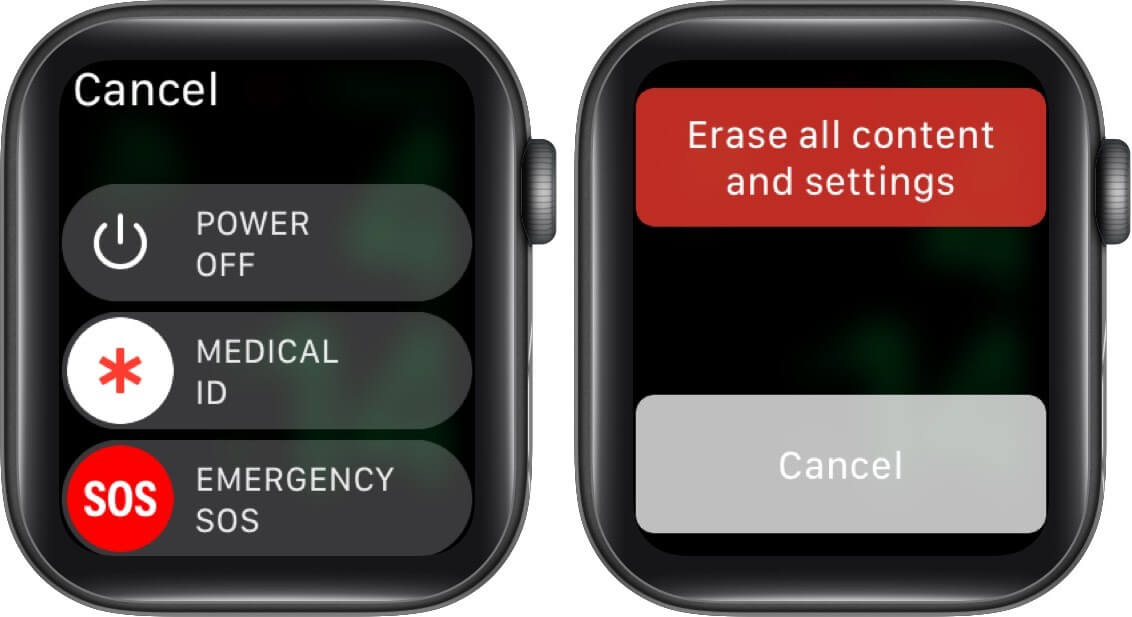 long press on power off slider and tap on erase all content and settings on apple watch