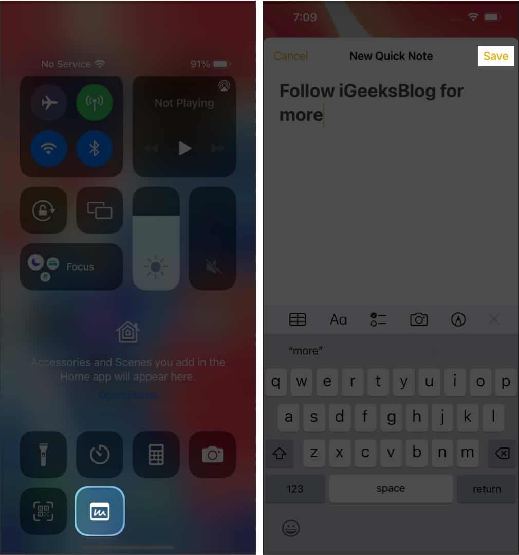 open quick note from control center