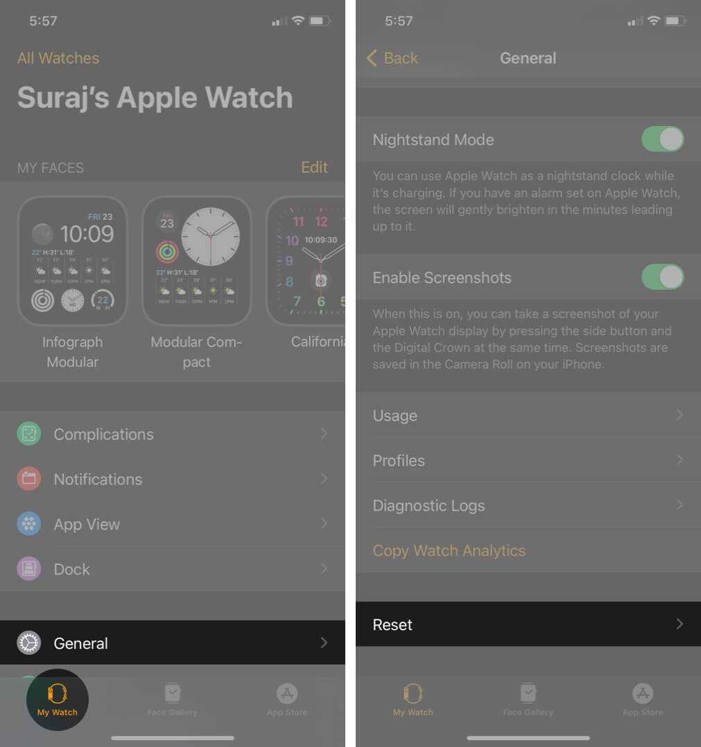open watch app tap on general and then tap on reset in my watch tab on iphone