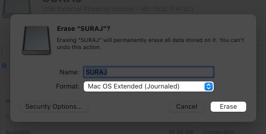 select the type of format to macOS extended on disk utility and click erase