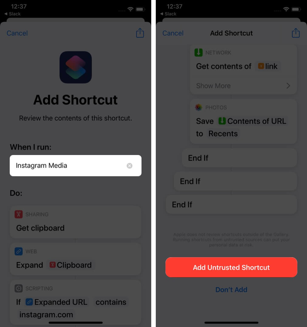 tap on instagram media and tap on add untrusted shortcut in shortcuts app on iphone
