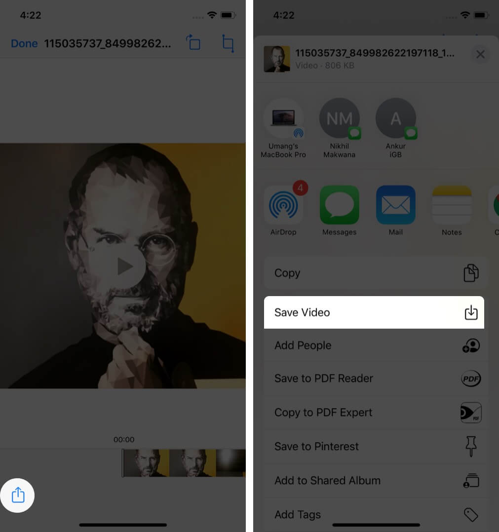 tap on share and tap on save video to download instagram video on iphone
