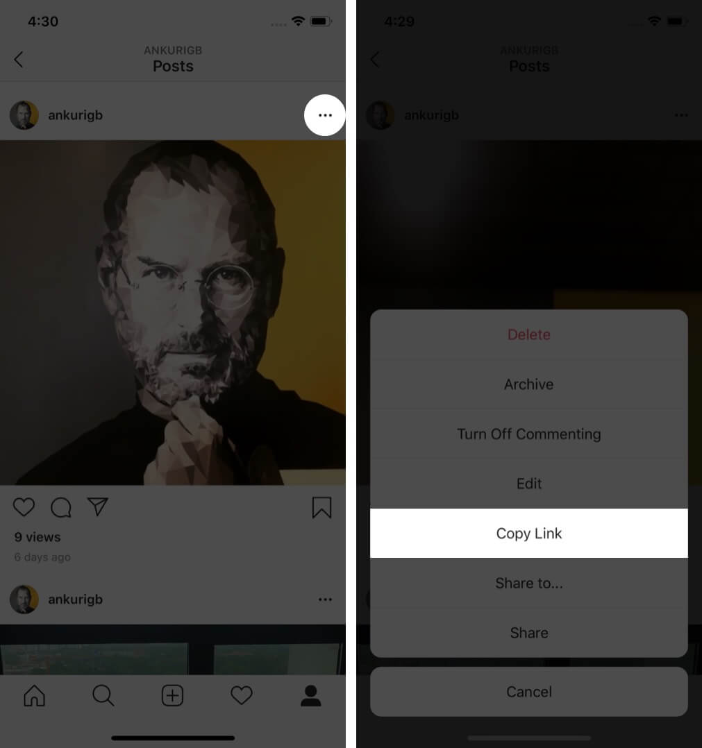 tap on three dots and select copy link in instagram app on iphone