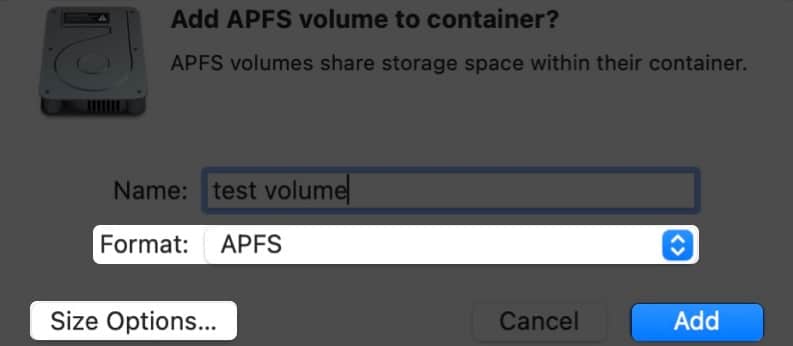 Memilih format APFS dan Pilihan Saiz pada Mac