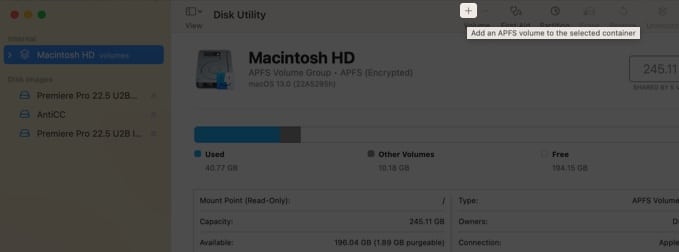 APFS-kötet hozzáadása a Disk Utility programhoz Mac rendszeren