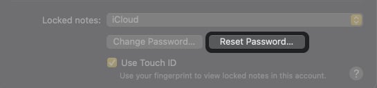Κάντε κλικ στην Επαναφορά κωδικού πρόσβασης από τις προτιμήσεις σημειώσεων στο Mac