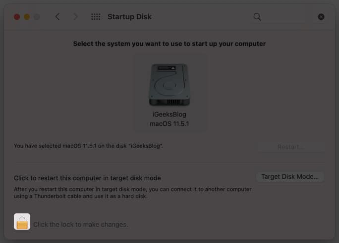 Click the lock button on startup disk