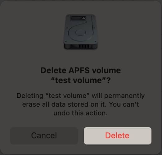 Utolsó lépés az APFS-kötet törléséhez MacBookon