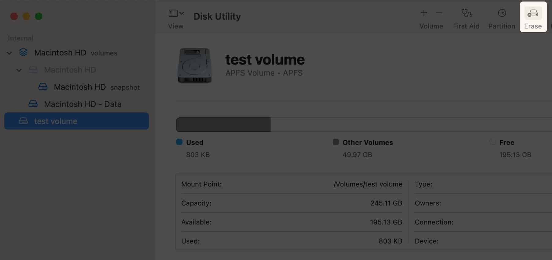 Step to erase an APFS Volume on a MacBook