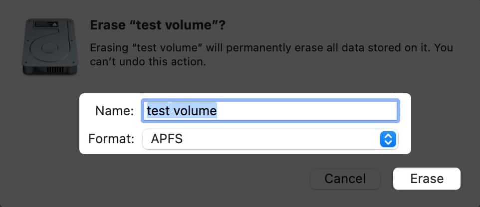 Utolsó lépés az APFS-kötet törléséhez MacBookon