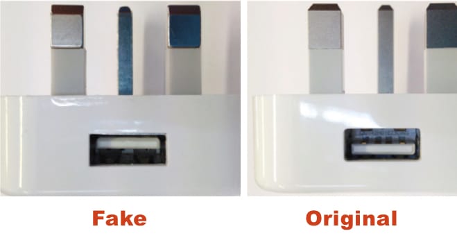 Fake Vs.  Πραγματική θύρα USB του Apple Charger