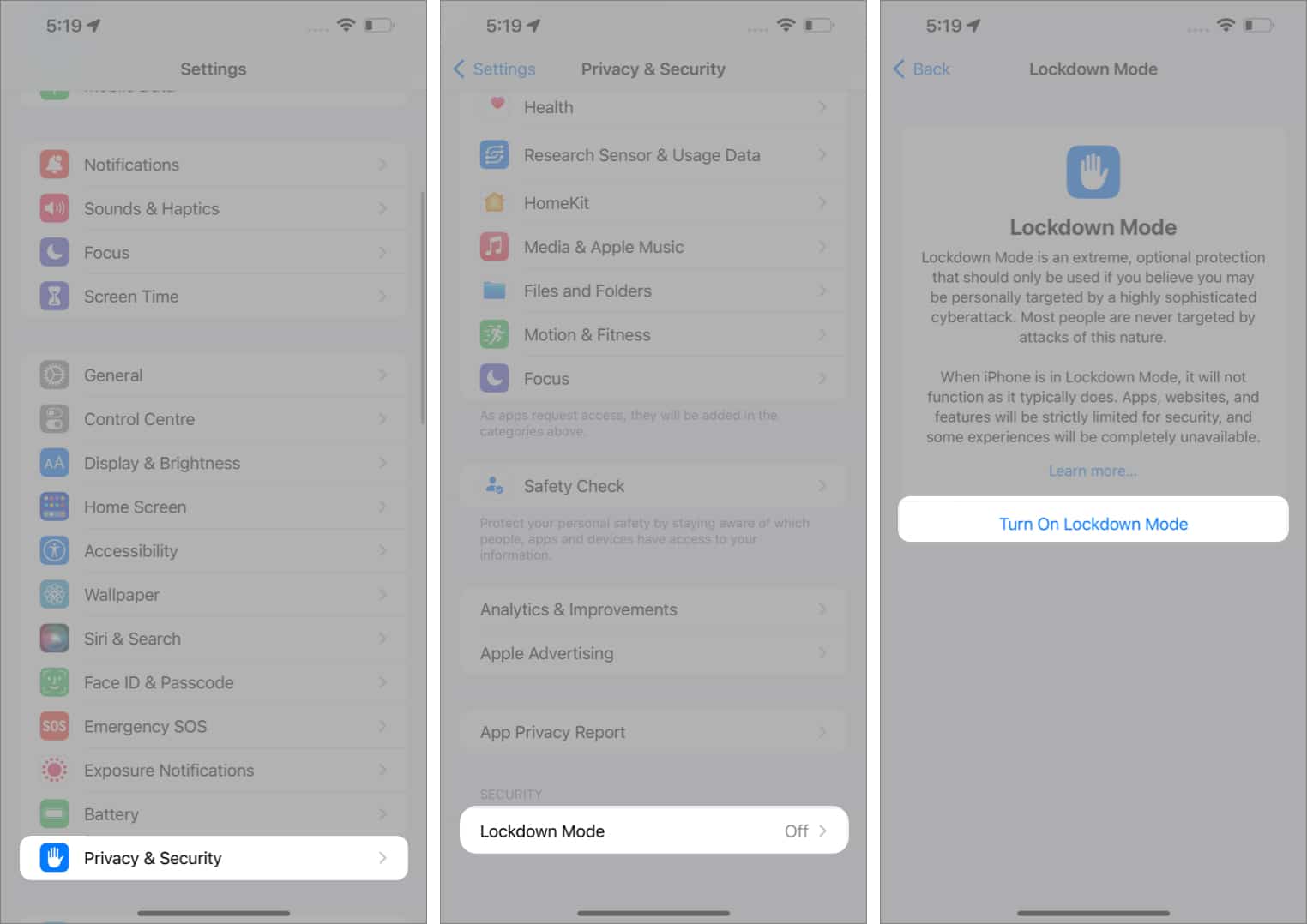 Enabling Lockdown Mode on an iPhone